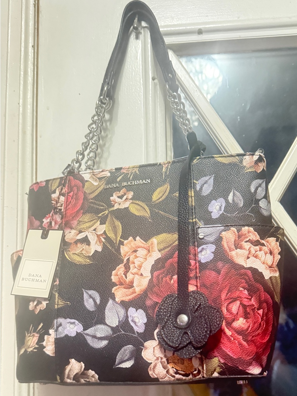 Dana Buchman Black Floral Chain-Handle Tote